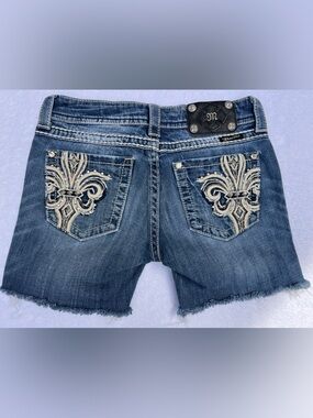 Miss Me Blue Denim Cropped Shorts with Beige Embroidery